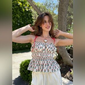 Benaari LA Tank Top Womens S/M Ivory Poppy Floral Smocked Peplum Tie Strap